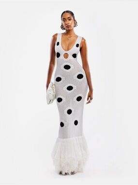 Hanifa Harper III White Knit Maxi Dress with Black Polka Dots
